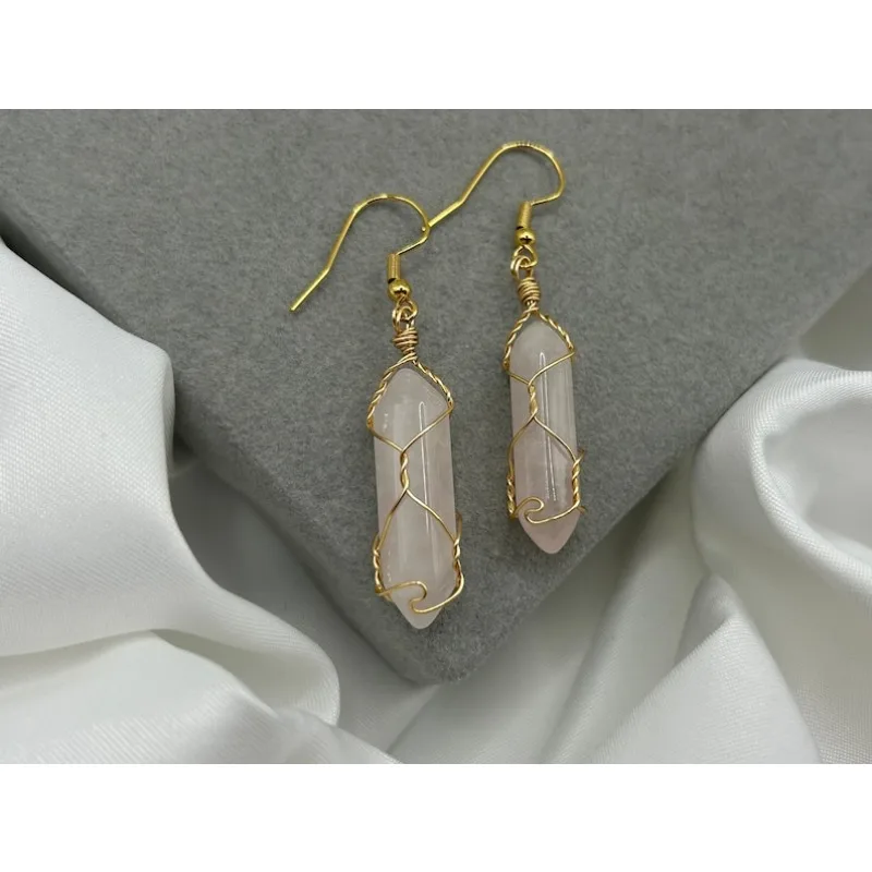 Rose quartz crystal pointed earrings: Gold thread wound pendant