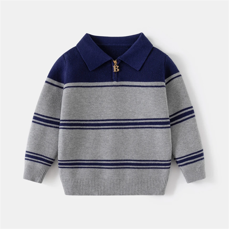 

2024 Autumn/Winter New Clothing Boys Single layer Coarse Needle Core spun Yarn Top Children's Striped Collar Half Zipper Sweater