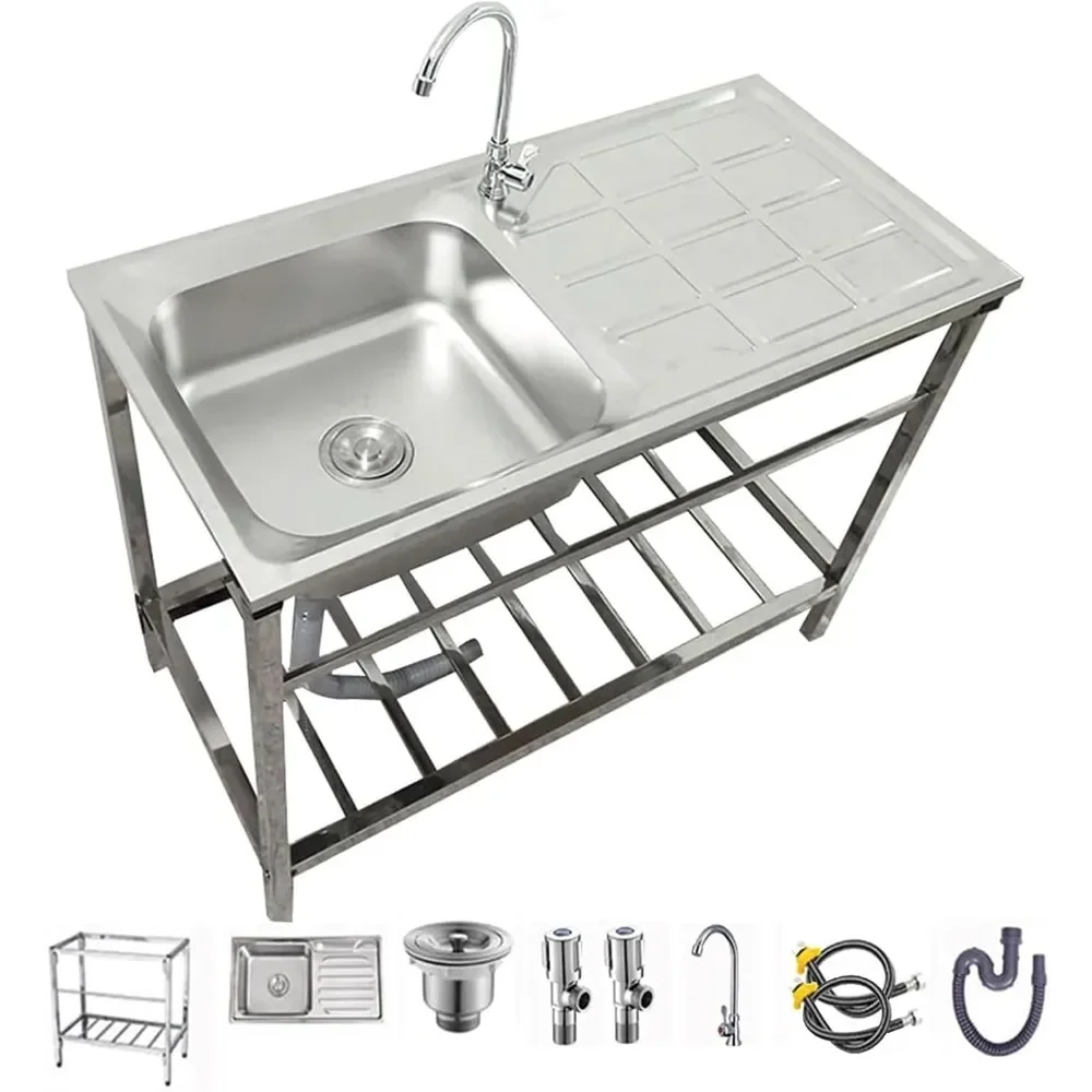 

Free Standing Utility Sink Stainless Steel Outdoor Laundry Tub, Single Bowl Washing Hand Basin Station Sink