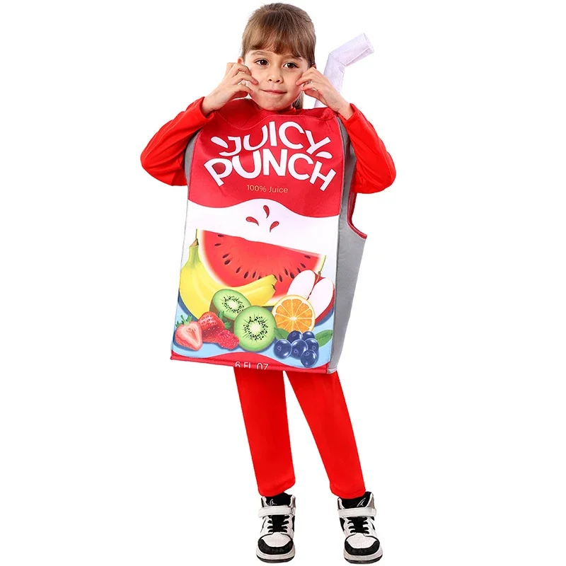 2024 Unisex Jongen Rood 3d Fruit Bedrukt Buidel Drank Lunchbox Kinderen Halloween Kostuums Meisje Sap Box Kostuum Voor Kinderen