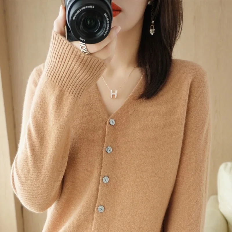 2026 New Women V‑Neck Knit Cardigan Long Sleeve Button Down Soft Solid Color Multi Colors Sweater Coat Casual Office Outerwear