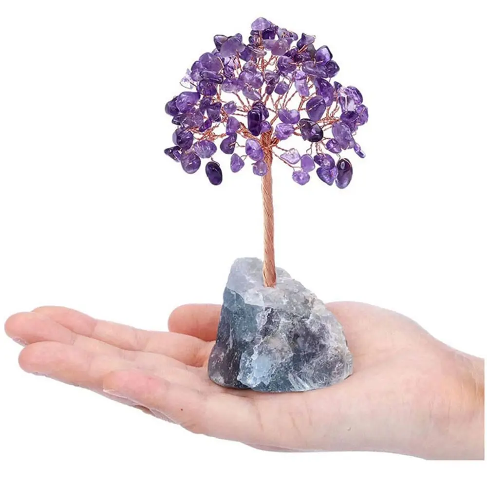 Color Crystal Money Tree Copper Wire Wrapped Agate Fluorite Base Potted Plants Stone Crafts Gemstone Reiki Chakra Feng Shui Tree