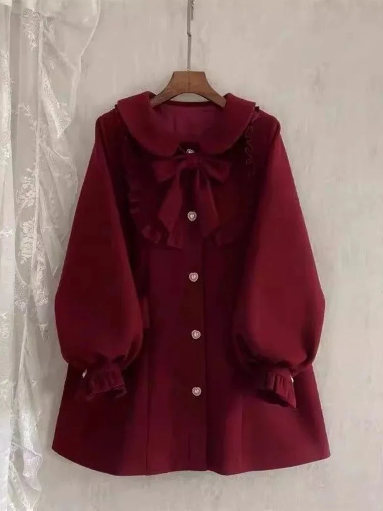 Japanese Sweet Bow Preppy Style Coat Women Patchwork Ruffled Harajuku A-line Jackets Y2k Aesthetic Grunge Single Breasted Jacket #3