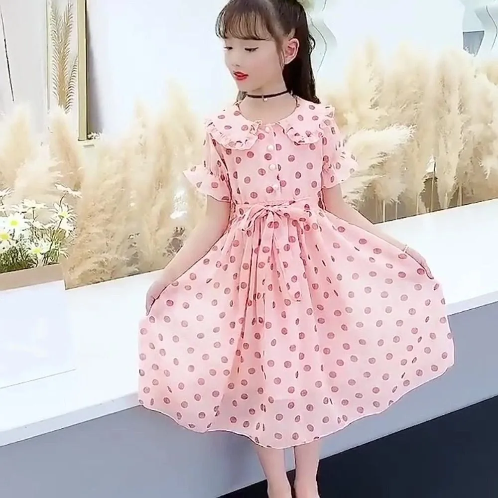 

Elegant Doll Collar Girls Princess Dress Lace Up Teens Summer Dot Dress Sweet Beach Vacation Children Dress Summer