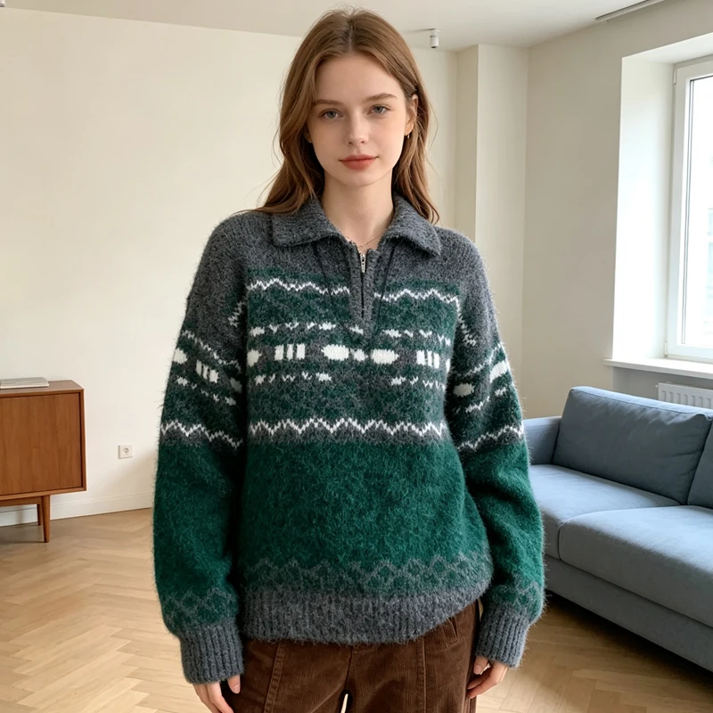 Vintage Women's Knit Sweater Half Zip Polo Collar Pullover Loose Geometric Pattern Jumper Autumn Winter Korean Style Top