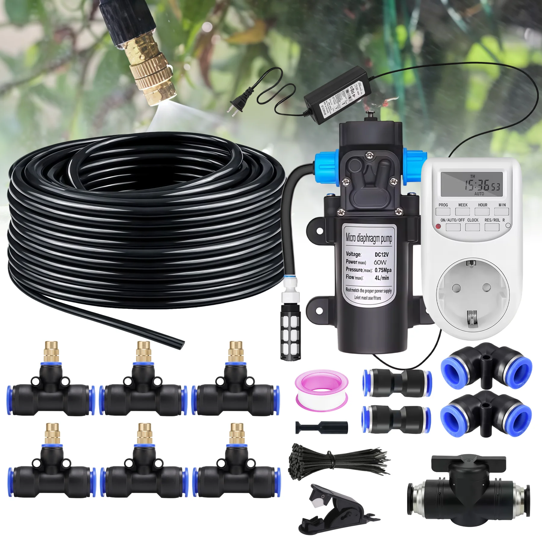 Greenhouse Garden Lawn 8mm PE Hose Brass Nozzle Automatic Mist Watering 110-220V Power Supply Self-priming Pump Timing Spray Kit