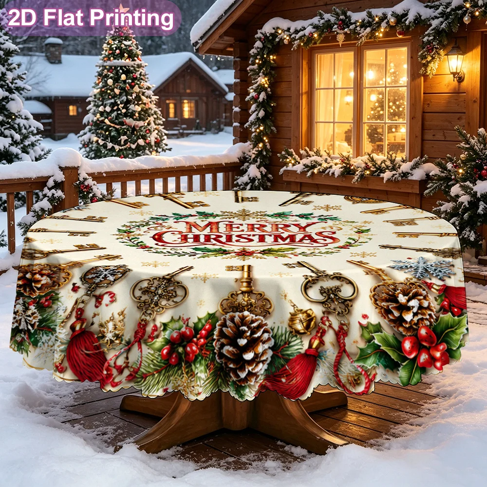 1 round tablecloth for Christmas retro key wreath print table cover, round dining table interior decoration