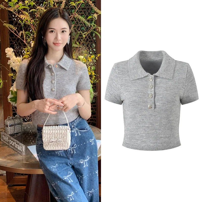 

Ele ort Sve Knitted Top Women's Slim Fit ort Sle Heavy Embroidery Diamond Decoration Age Reduction Gentle Sle