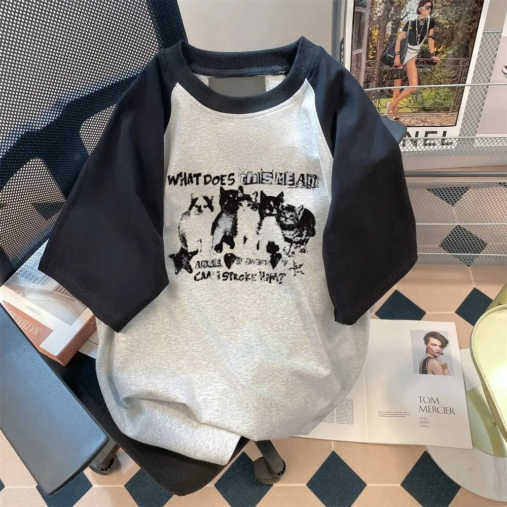 女性用キャットプリント半袖Tシャツ,特大トップス,パッチワークTシャツ,韓国風原宿ストリートウェア