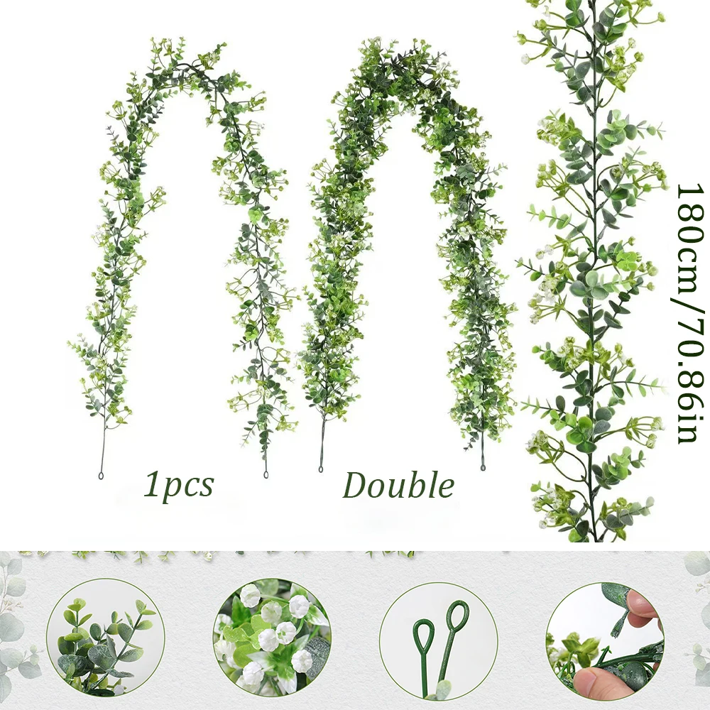 180 cm künstliche Eukalyptusranken, künstliche Eukalyptus-Girlande für Hochzeit, Hintergrund, Bogen, Party, Zuhause, Raumdekoration, künstliche Pflanzen – Detail 2
