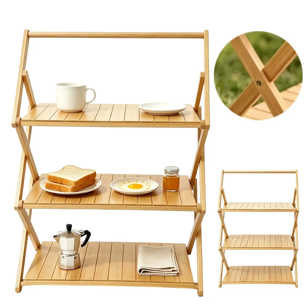3-stufiges klappbares Campingregal aus Bambus, Naturholz, X-förmiges Aufbewahrungsregal mit Lederriemenhaken, werkzeugloser tragbarer Organizer für Camping, Picknick, Terrasse, Wohnwagen, Küche