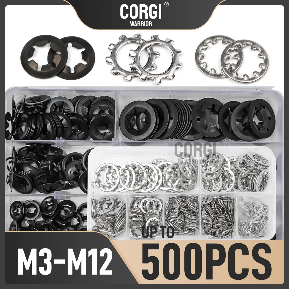 320-500 External Internal Toothed Lock Washers Kit M2.5 M3 M4 M5 M6 M8 M10 M12 Stainless Steel 304 or 65 Mn Black Spring Steel