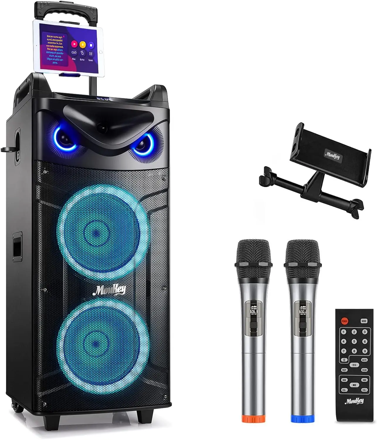 

Moukey Karaoke Machine, Double 10" Woofer PA System for Party, Portable Bluetooth Speaker with 2 Wireless Microphone