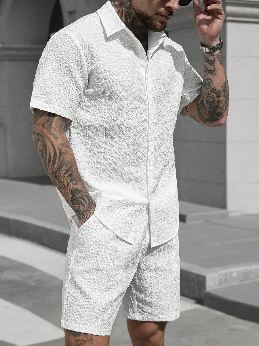

Mens White Textured Short Sleeve Button Down Shirt And Shorts Set Casual Summer Outfit