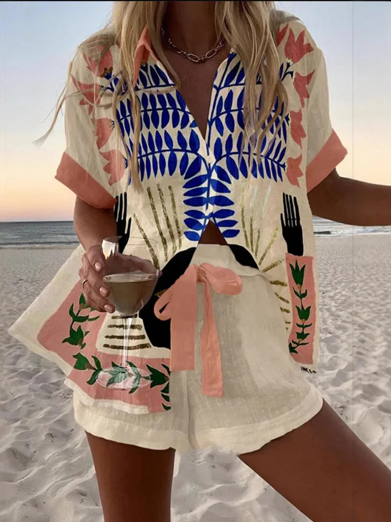 패션 프린트 비치 홀리데이 2 피스 세트 여성 여름 짧은 소매 셔츠 탑 + 넓은 다리 짧은 여성 오버 사이즈 투피스 의상 L9A