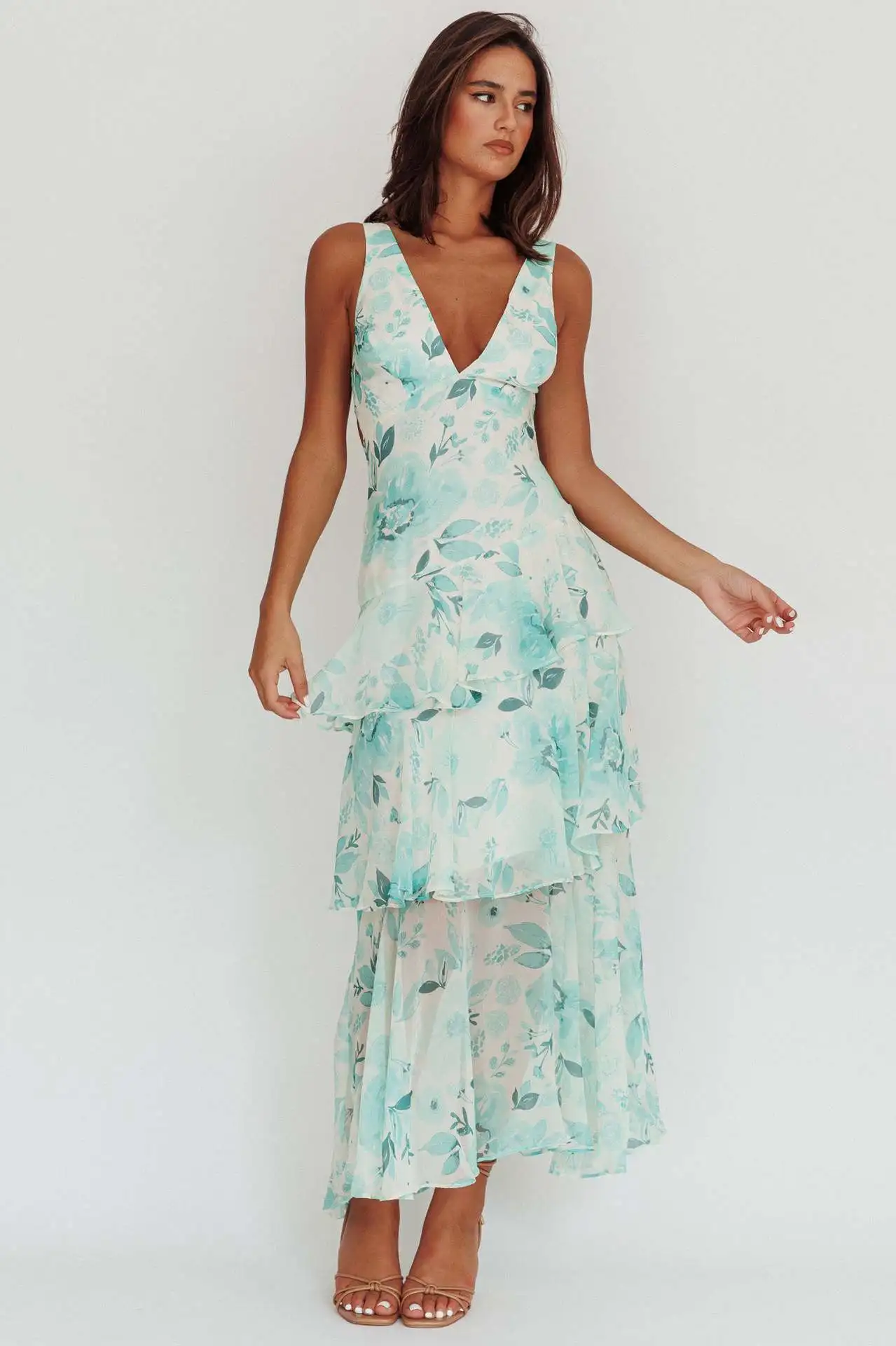 

Women's Sexy Dress Temperament V-neck Backless Lace Up Print Spring Summer Party Off Shoulder Sleeveless Jumpsuit Long Skirt