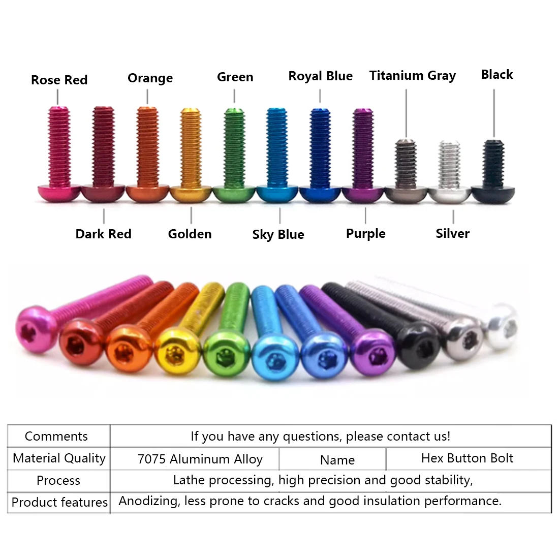 

10PCS 7075 Aluminum Button Head Screw M3 M4 M5 M6*5/6/8/10/12/16/20/25 Colourful Aluminum Hex Socket Round Head Screw