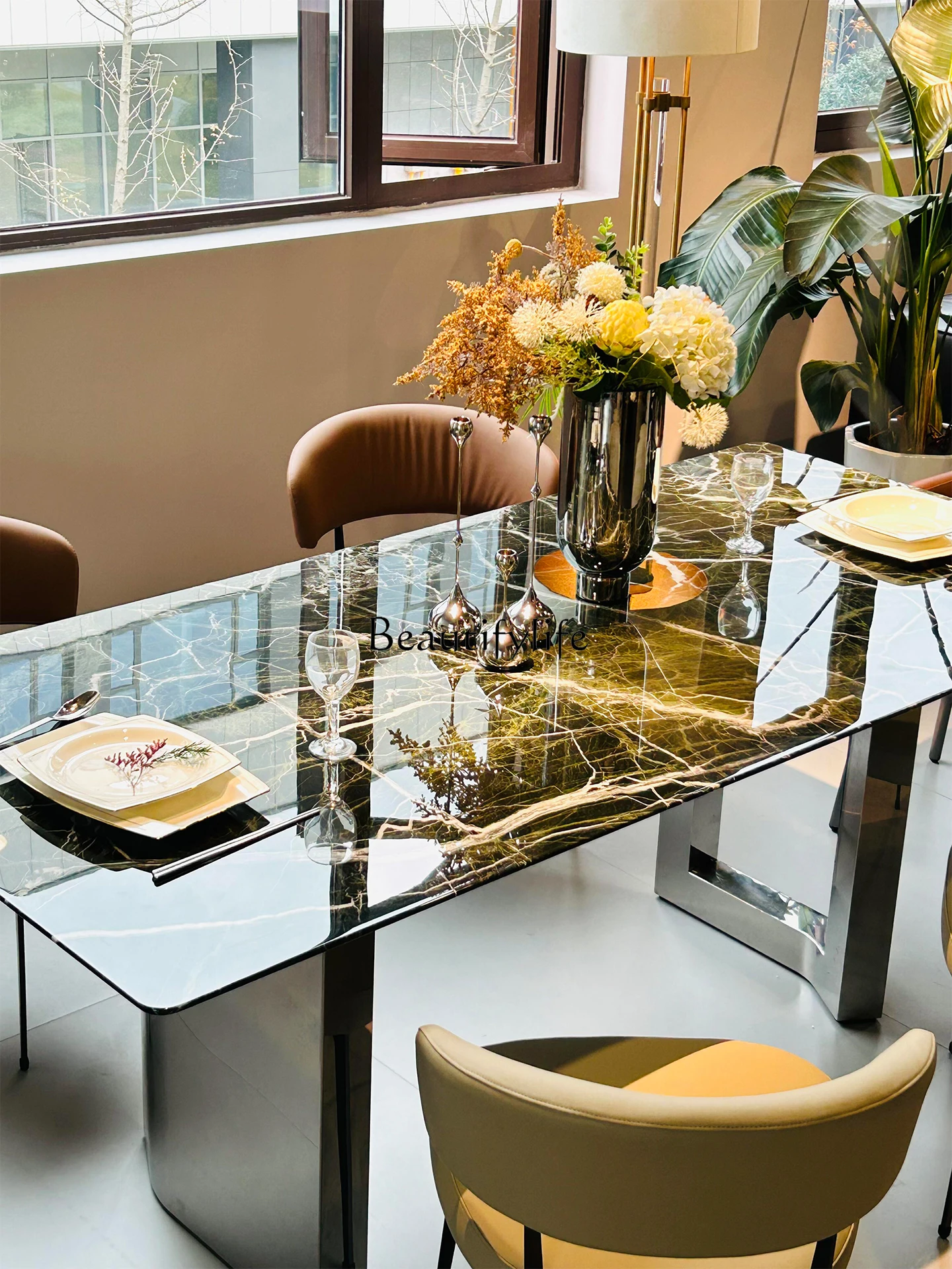 

Light luxury modern rectangular household marble dining table