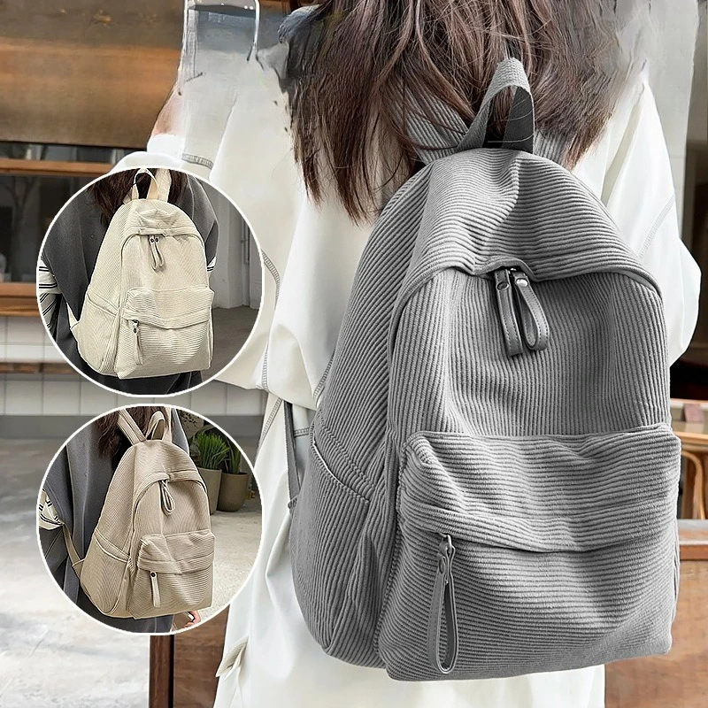 Striped corduroy student schoolbag, solid color, outdoor, men's travel computer backpack, simple design, women's backpack
