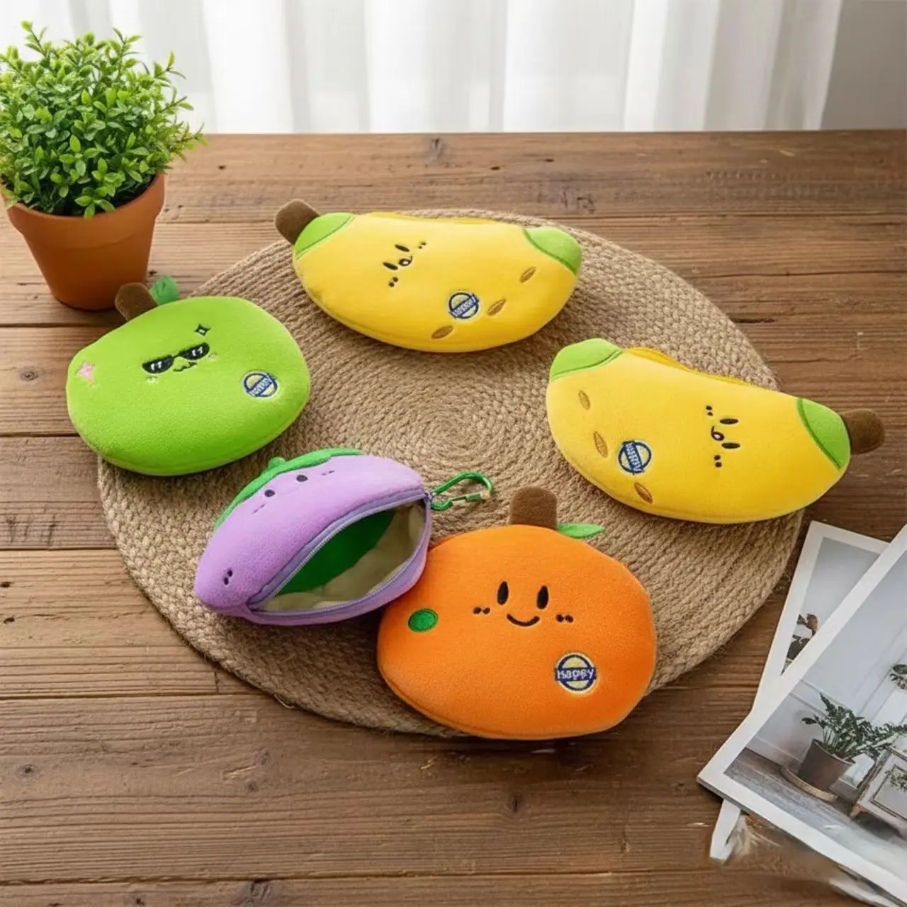 Soft Plush Fruit Coin Purse Simple Design Keychain Zipper Closure Mini Storage Bag Aesthetic Small Embroidered Detail Purse