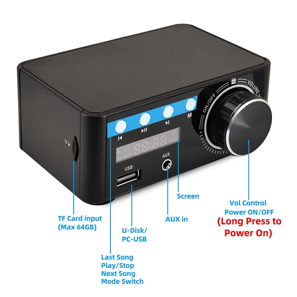 Mini Audio HiFi  Bluetooth 5.0 Power Class D Amplifier Tpa3116 Digital Amp  50W*2 Home Audio Car Marine USB/AUX IN