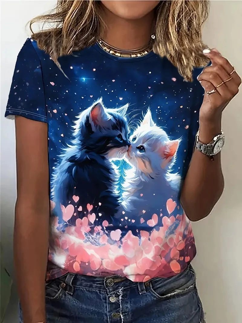

Ladies PLUS -3D Cute Kitten Cherry Blossom Printed Short Sleeve T-shirt, Loose and Casual, Soft and Comfortable, Breathable
