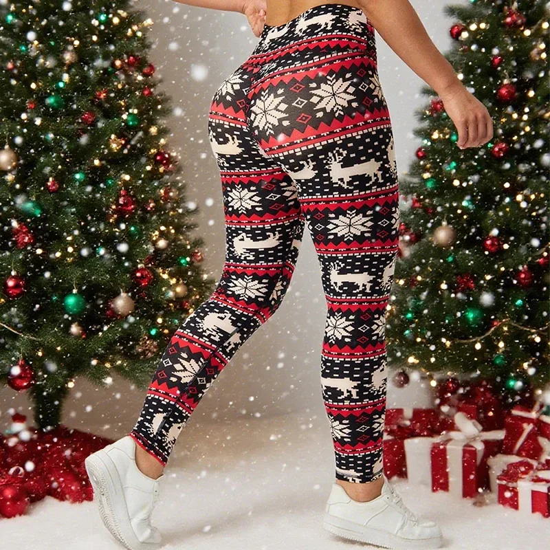 Christmas Holiday Reindeer Snowflake Print Leggings for Women High Waist Stretch Workout Pants Tummy Control Bottoms