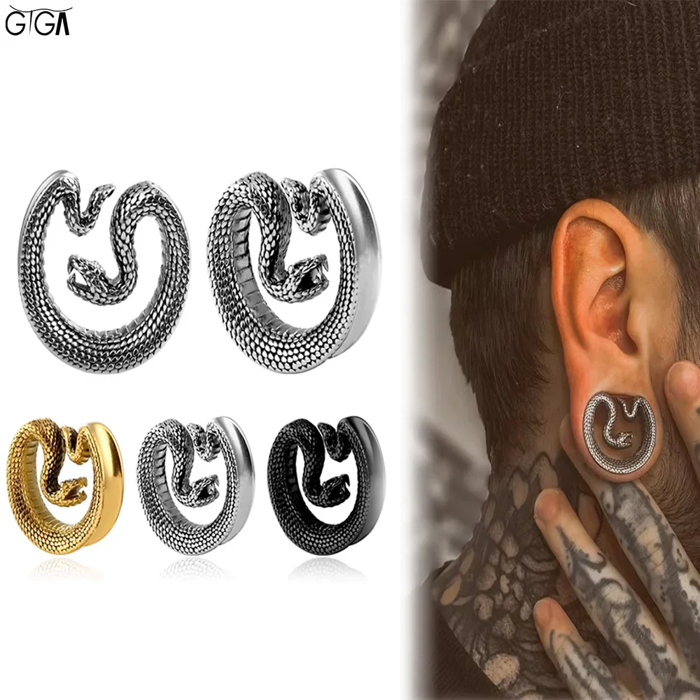 Giga 2Pcs Cool Sanke Saddle Ear Plugs Gauge Stainless Steel Stretched Earlobe Tunnel Expander Body Piercing Jewelry 0g To 1 Inch