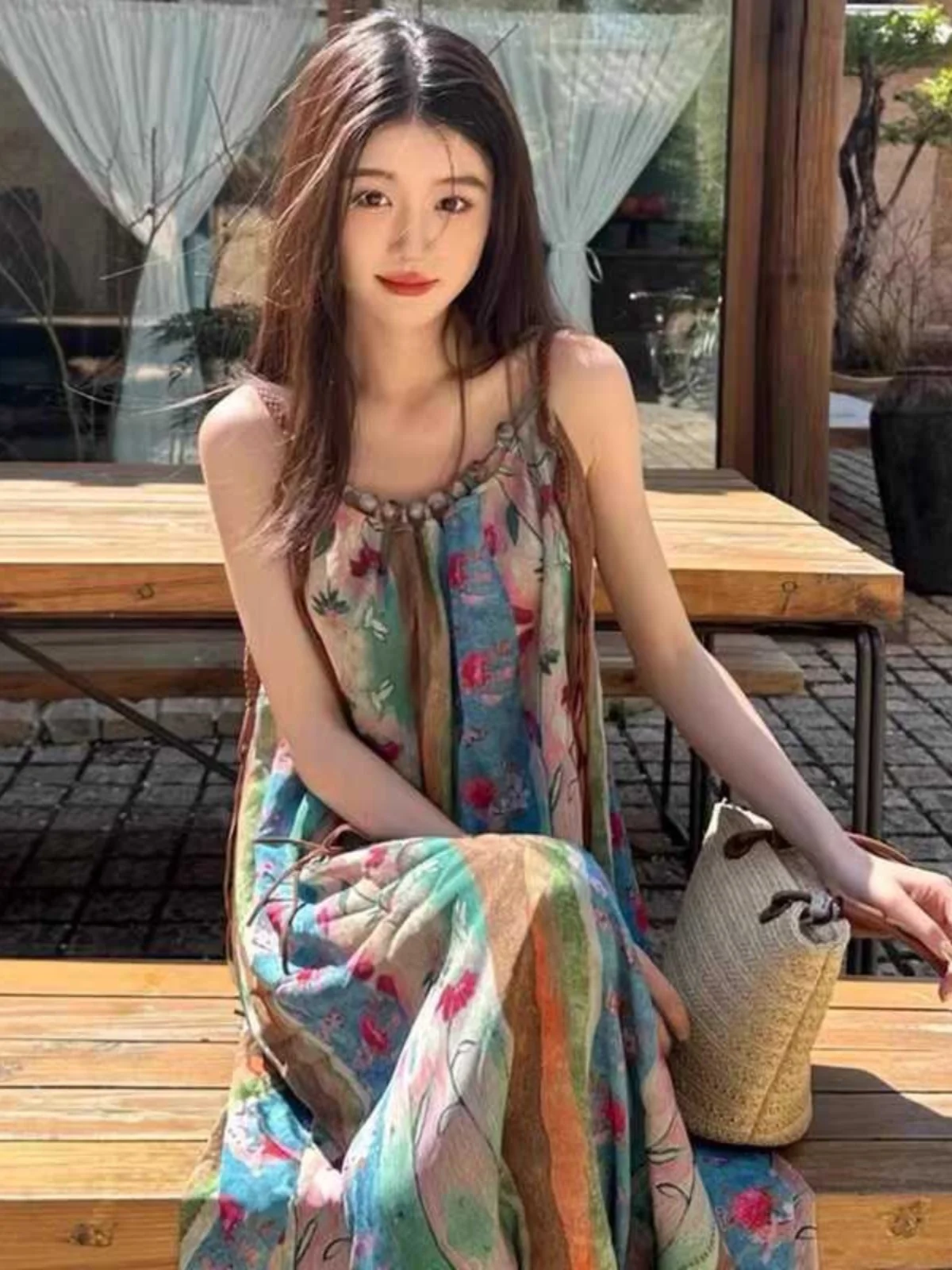 Summer Floral Tie Dye Halter Dress Women\'s Large Size Retro Yunnan Travel Long Skirt New 2024 Vacation Style Loose Waist