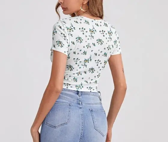 Camiseta feminina 2026 estampa floral francesa para o verão fresco e doce pescoço quadrado gravata apertada umbigo exposto camiseta de manga curta