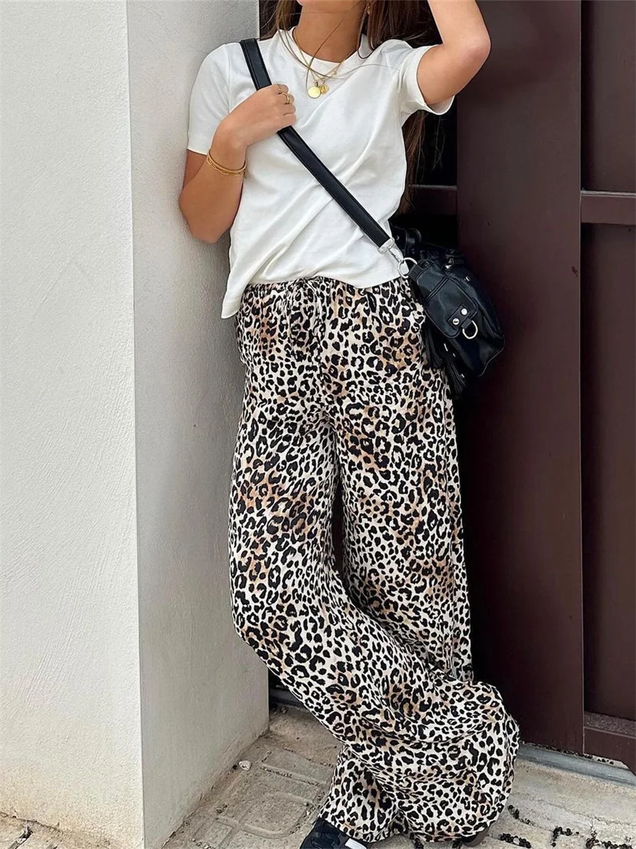 

Women Vintage Leopard Print Wide-leg Pants Casual High-waisted Trousers 2024 Spring Summer Fashion Office Lady Y2k Streetwear