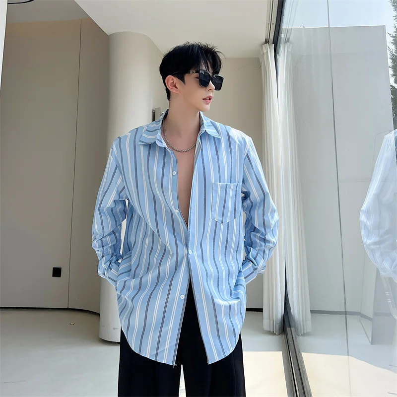 

Korean Sle Casual Design Striped Thin Long Sve irt Loose Retro Print ex Trendy Couple's Faion Stand Fit