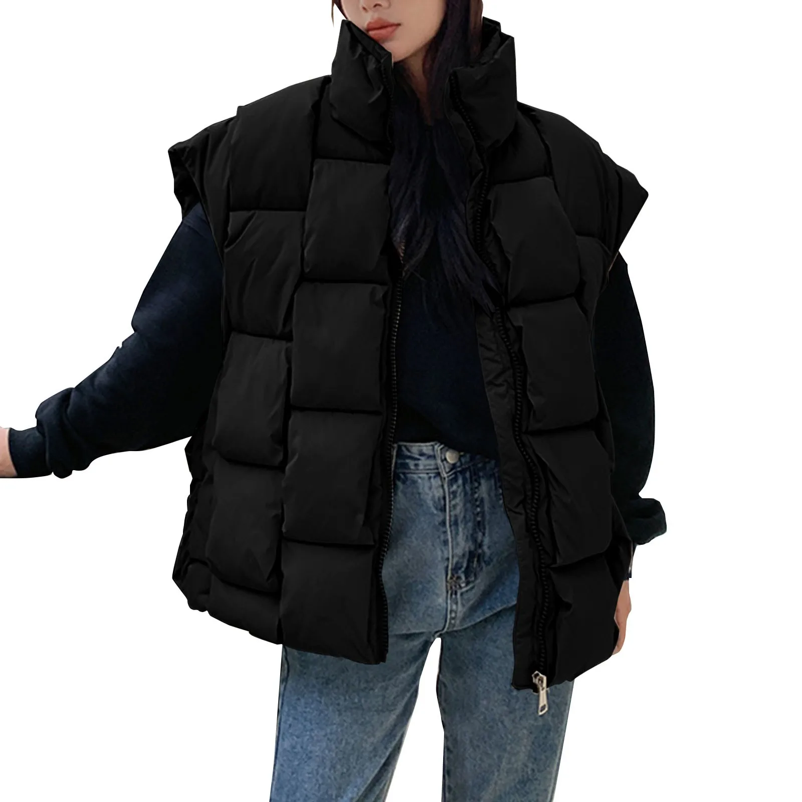 Women Winter Oversized Puffer Vest Lightweight Stand Collar Insulated Padded Puffy Jackets Coat Ladies Winter Coat Female Vests