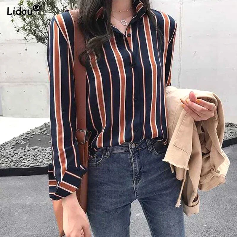 

Striped Temperament Blouses Turn-down Collar Loose Button Office Lady Elegant Fashion Formal Spring Summer Women's Clothing Thin