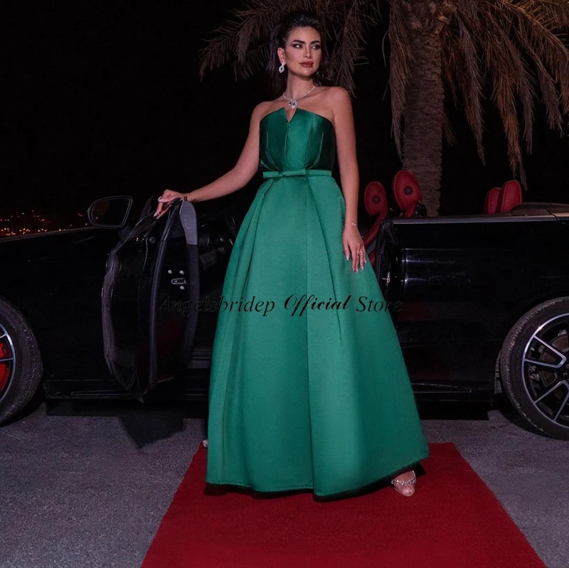 Angelsbridep-Robe de soirée en satin vert, ligne A, sans bretelles, avec ceinture à col en V, longue, vêtement de gala éducatif