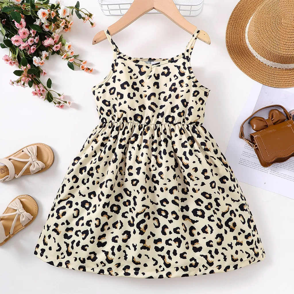 Children Girl Summer Dress Leopard Print Slip Dresses Fashion Lovely Birthday Party Daily Leisure Clothing for Kid Girl 4-7Years