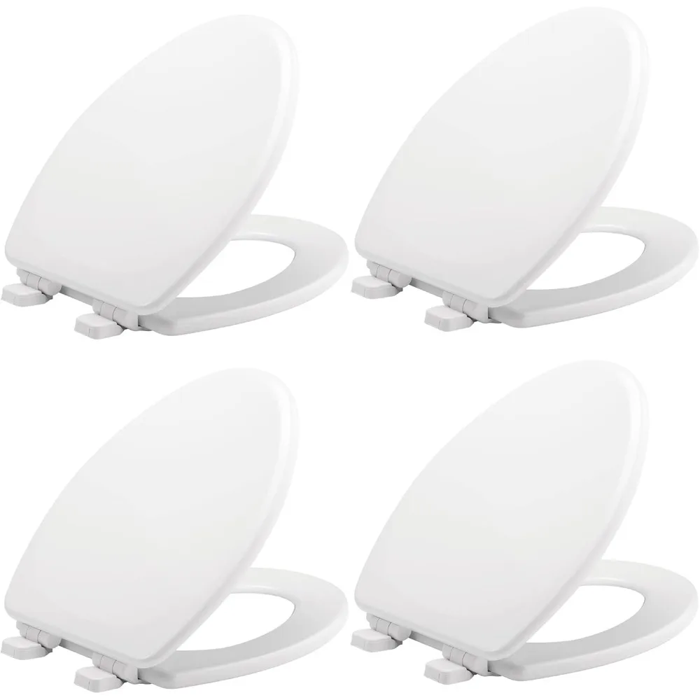 Linden Slow Close Toilet Seat, Non Slip Heavy Duty Wood, Easy Install, Made in USA, Elongated, White, 4 Pack
