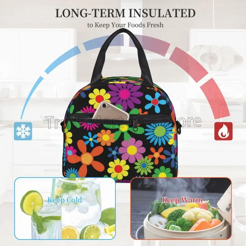 Hippie Flower Insulated Lunch Bag with Adjustable Shoulder Strap Resuable Cooler Thermal Lunch Tote Bag for Travel Work Picnic