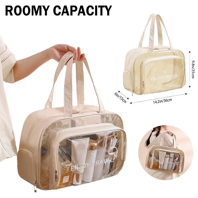 حقيبة أدوات الزينة الشفافة للشاطئ للنساء مقاومة للماء بسعة كبيرة 14 بوصة من مادة PVC للسفر منظم مستحضرات التجميل مع سحاب معدني