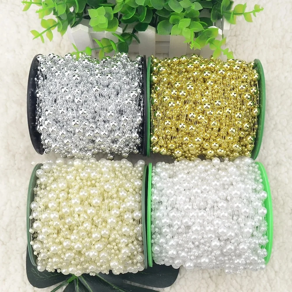 20Meters/Lot Gold/ White Fishing Line Artificial Pearls Beads Chain Garland Flowers For Wedding Bridal Bouquet Flower Decoration