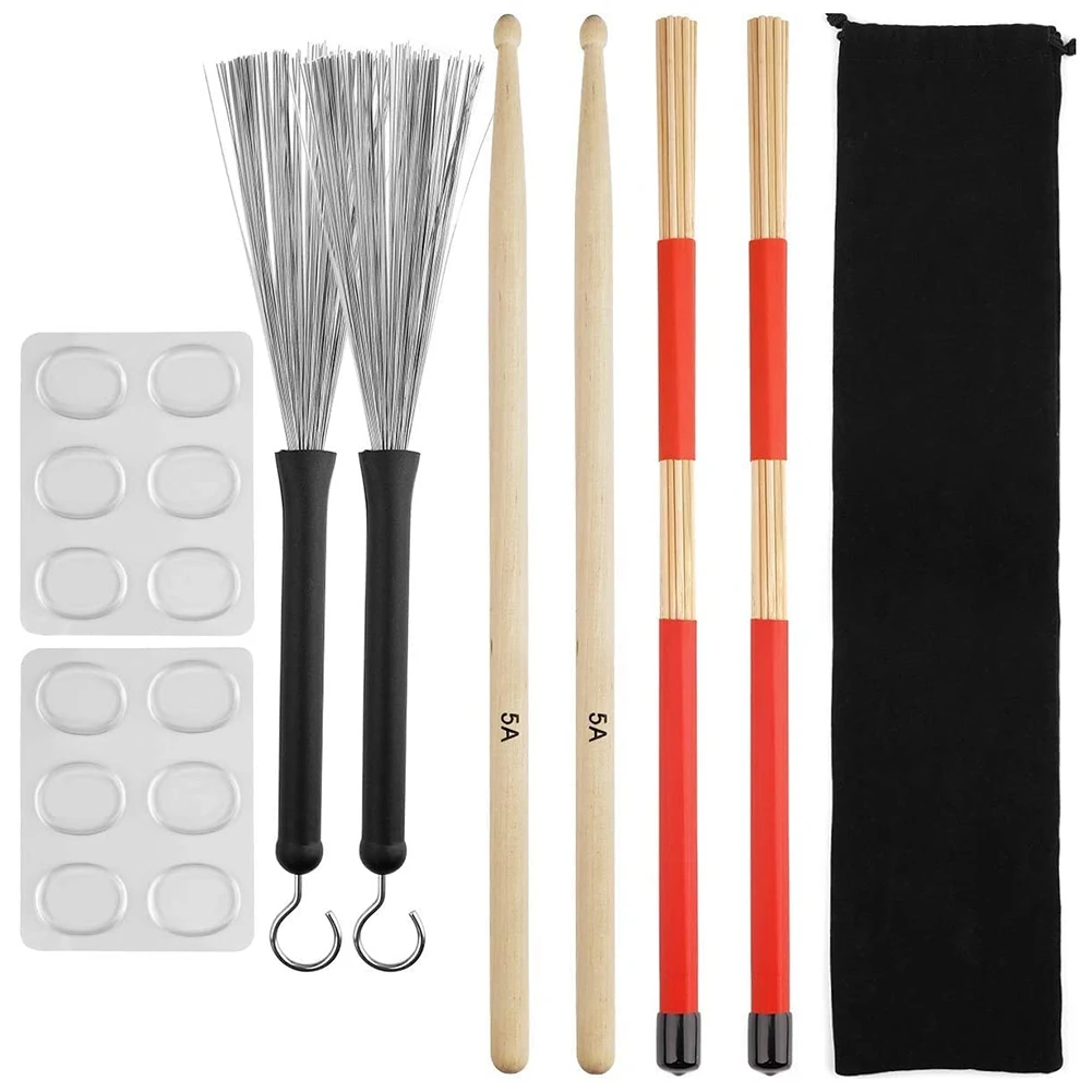 

Drum Sticks Set,5A Maple Wood Drum Sticks,Drum Rods Brushes,Retractable Drum Wire Brushes,Drum Dampeners with Bag HOT