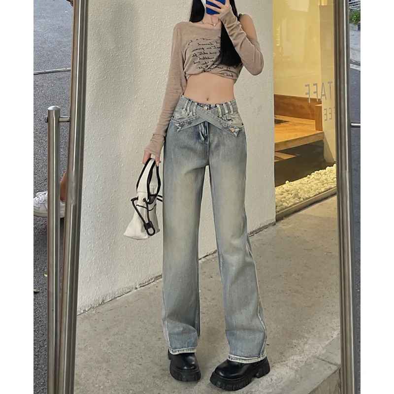 

Blue High Waist Women's Jeans Vintage Irregular American Fashion Street Y2K Wide Jean NEW Female Trouser Baggy Denim Pants