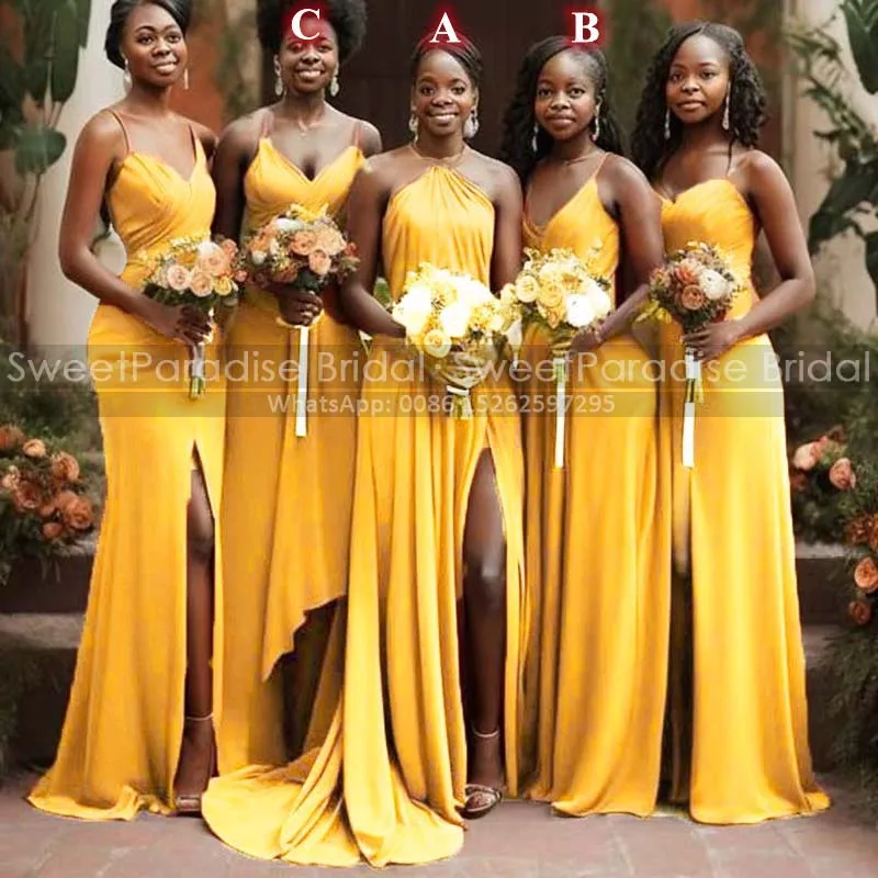 Abiti da damigella d'onore a sirena con spacco laterale Abiti lunghi personalizzati con spalline senza maniche Abito da cerimonia nuziale giallo oro damigella d'onore