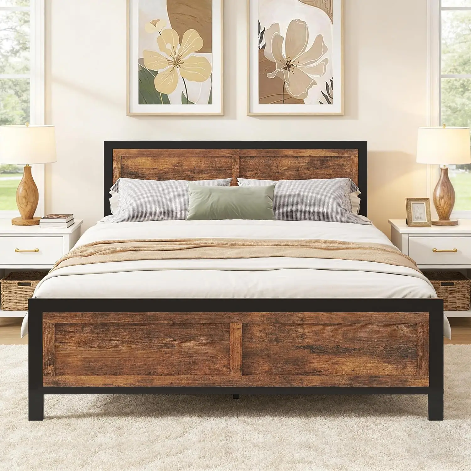 

Metal Platform Bed Frame Queen with Storage Drawers Wood Headboard Footboard No Box Spring Noise Free Easy Assembly, Customized