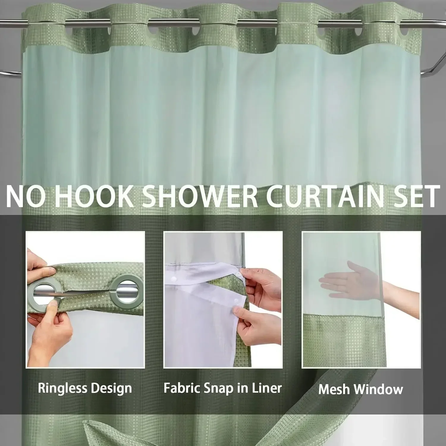 1PC Hookless Shower Curtain Set Double (with Liner) Removable White Waffle Shower Curtain Bathroom Decor Multiple Color Options