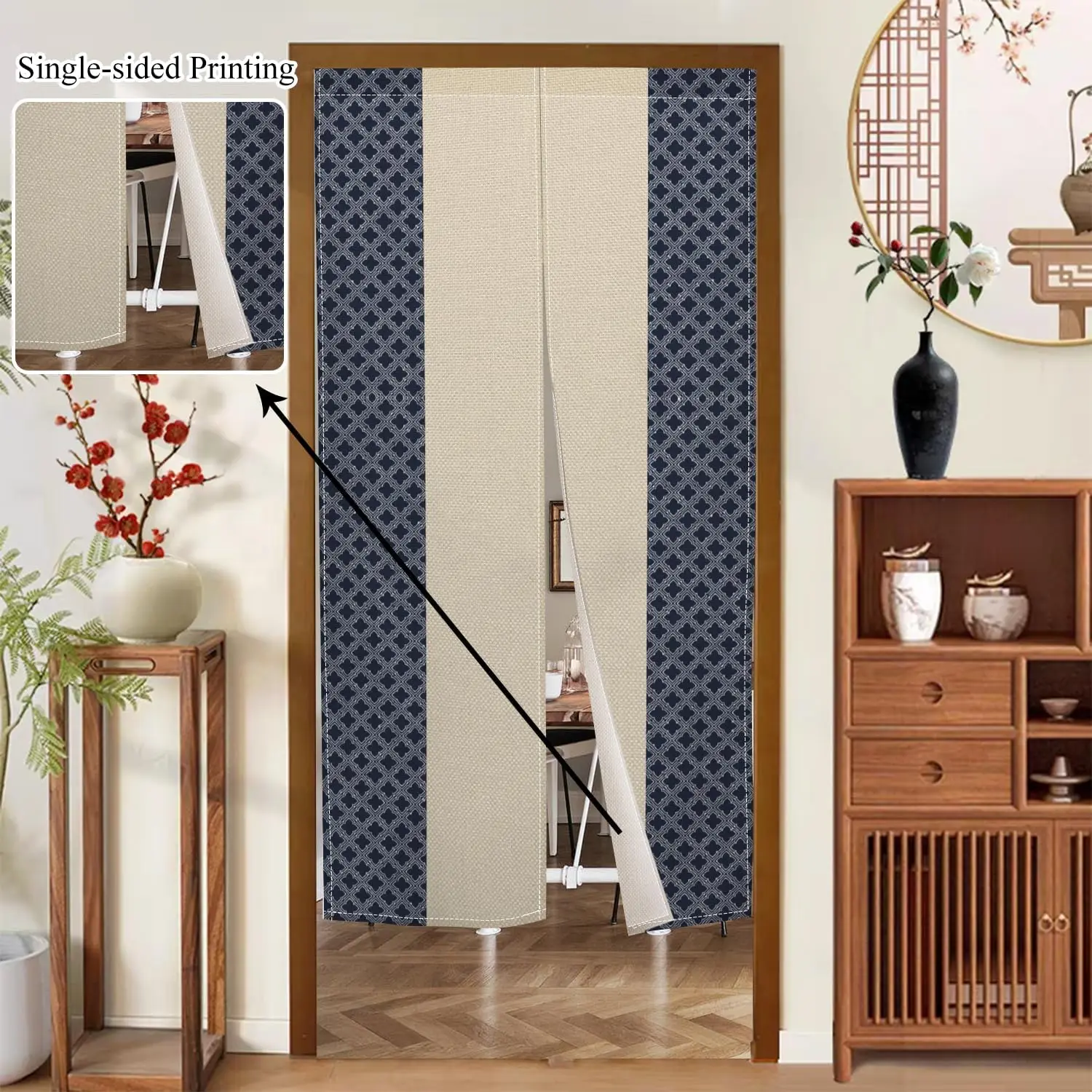 Japanese Minimalist Striped Door Curtain, Beige Linen Texture Background Navy Geometric Stripe Print, Serene Wabi-Sabi Decor