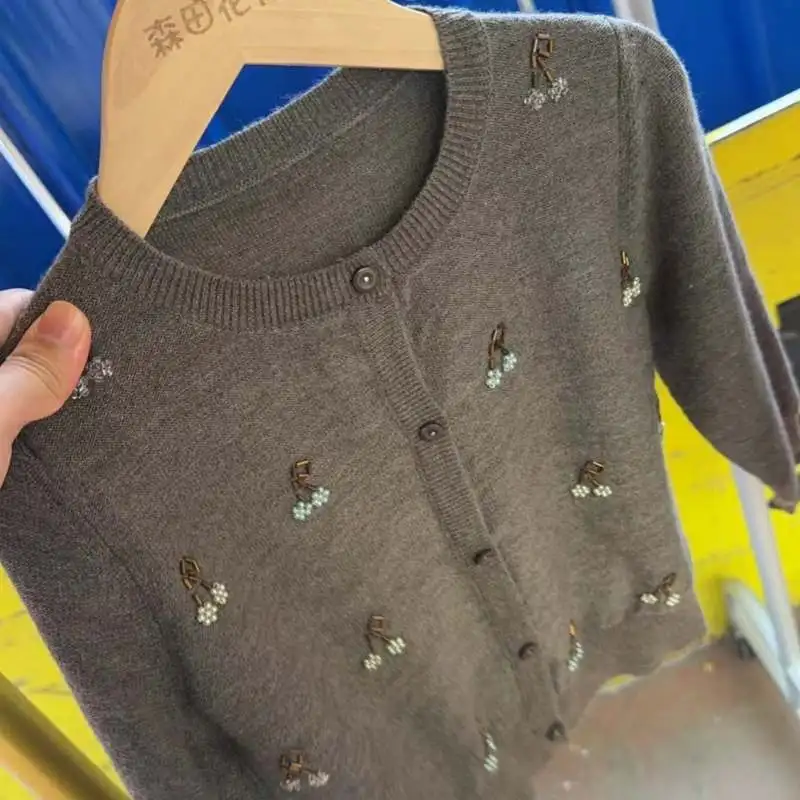 BP 2026 Spring New Beading Cardigan Cotton Thin Cardigan For Kids Grey Sweater Cherry Knitted Shirt Baby Air Conditioning Shirt