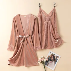 Sexy Velvet Women Wedding Robe Nightgown Set Autumn Velour Kimono Bathrobe Gown Sleepwear Loose Home Dressing Gown Lounge Wear