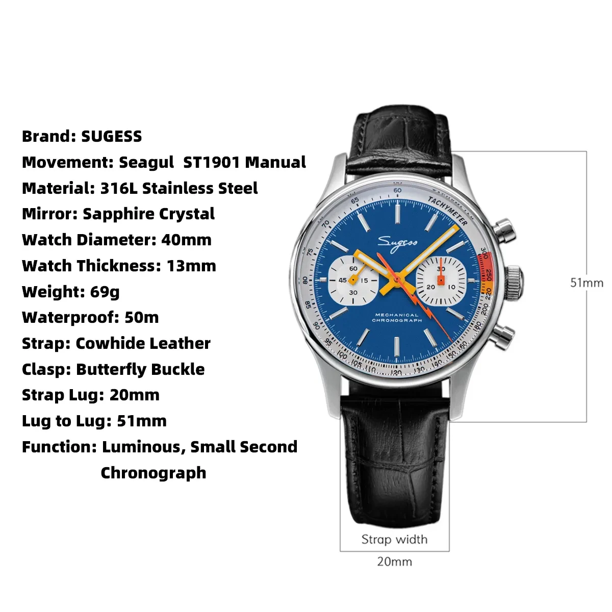 Sugess ST1901 Man Watch Mechanical Chronograph Origin Movement Swanneck Wristwatch Official Pilot Sappire Crystal Military Limit