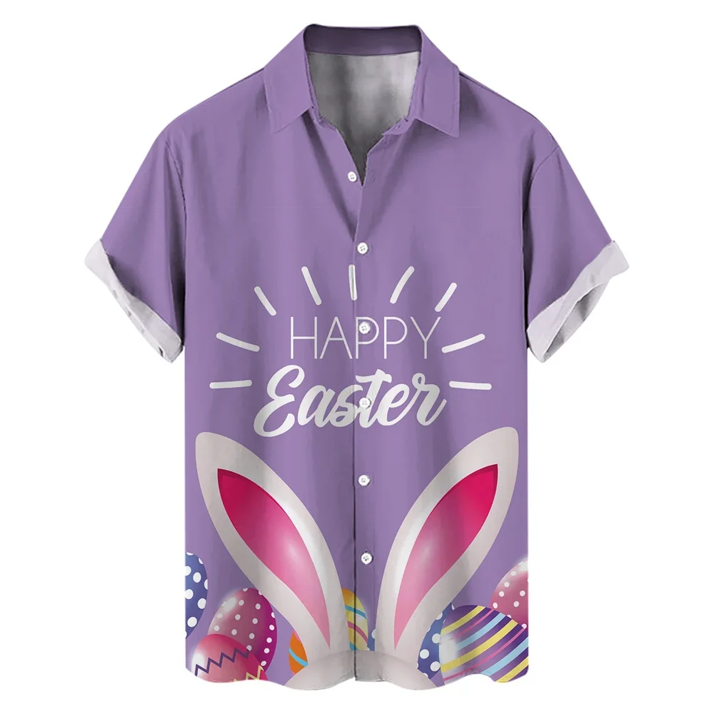 Happy Easter Day Kawaii Men Cartoon Rabbit Hawaiian Shirts 3D Printed Beach Shirt Women Clothe Kids Colored Egg Shirt Button Top